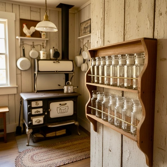 Rare Antique Wooden Spice Rack with 16 Glass Apothecary Jars Farmhouse - Picture 13 of 15
